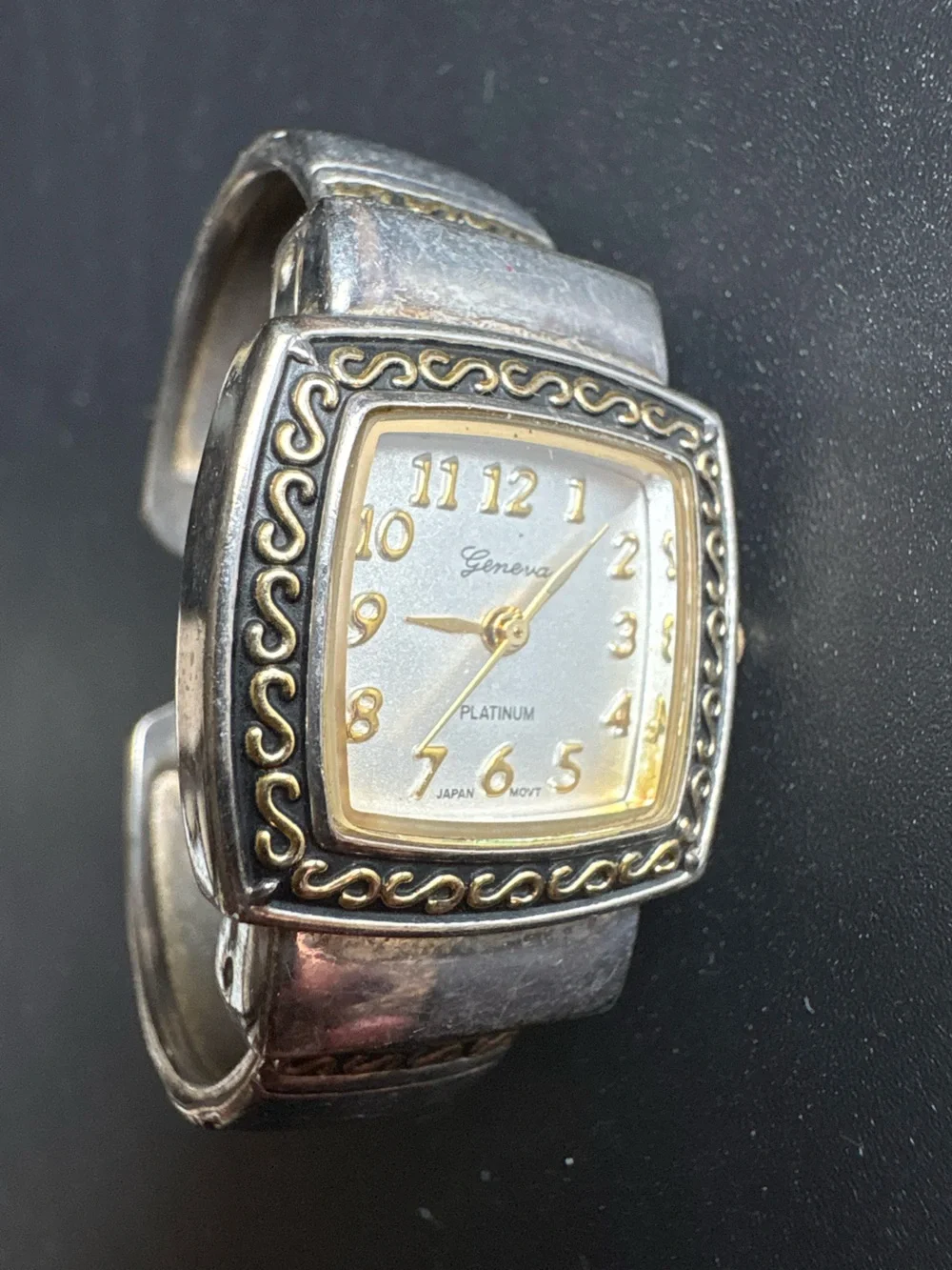 Geneva Silver-Tone Cuff Watch with Gold Accents